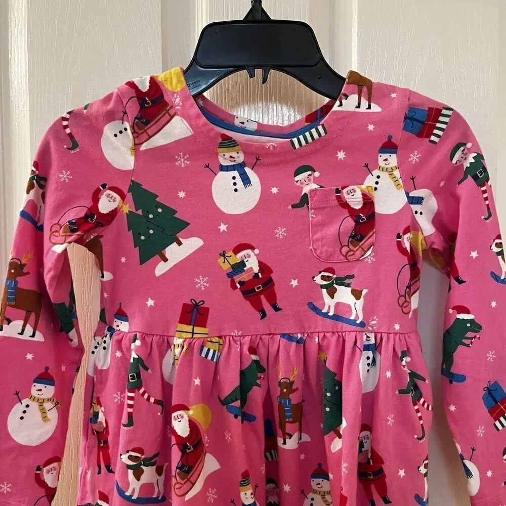 Mini Boden Festive Fun Pink Christmas Dress Dinosaurs Santa Pockets Girls SZ 5-6